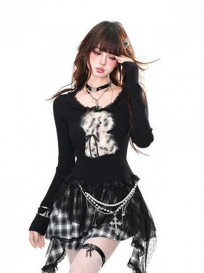 Adorable Plush Puppy Ruffled Neckline and Hem Black Glamorous Knitted Top