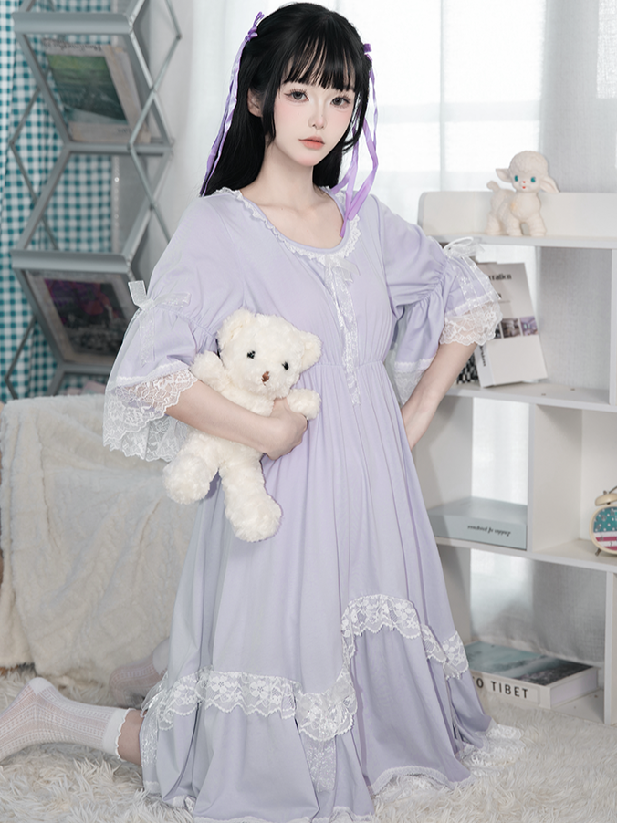 Cups with Padded Purple Ruched Waist and Lace-Trimmed Long/Short Sleeves Dress