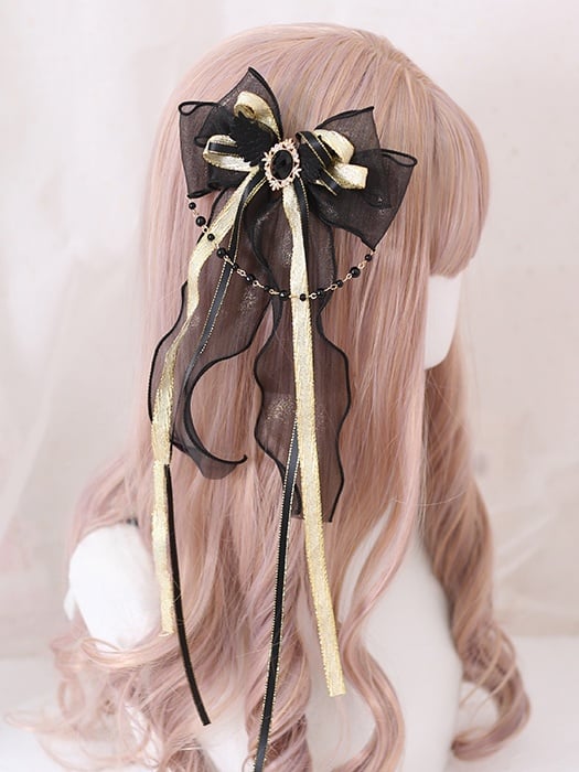 Side Red Chain / Gothic Black Bowknot Bead Lace With Lolita Hairclips Decoration