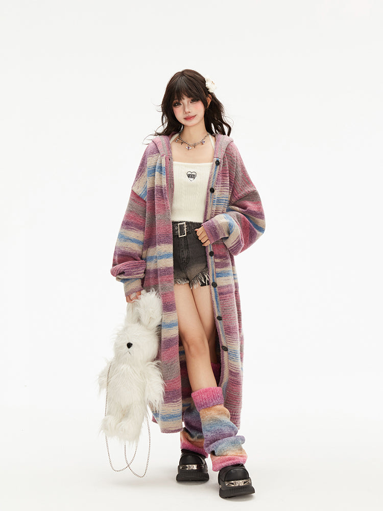 Button Placket Purple Hood Gradient Striped with Pink Knit Cardigan