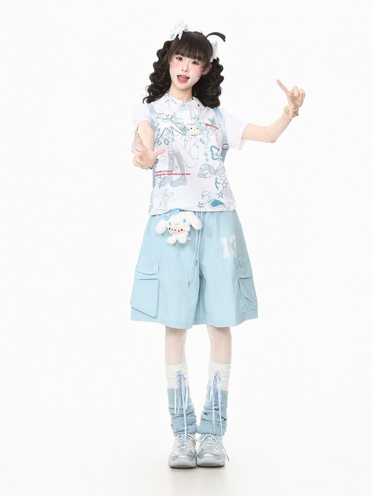 White Turn-Down Collar Tee with Anime Graphic - Languid Park