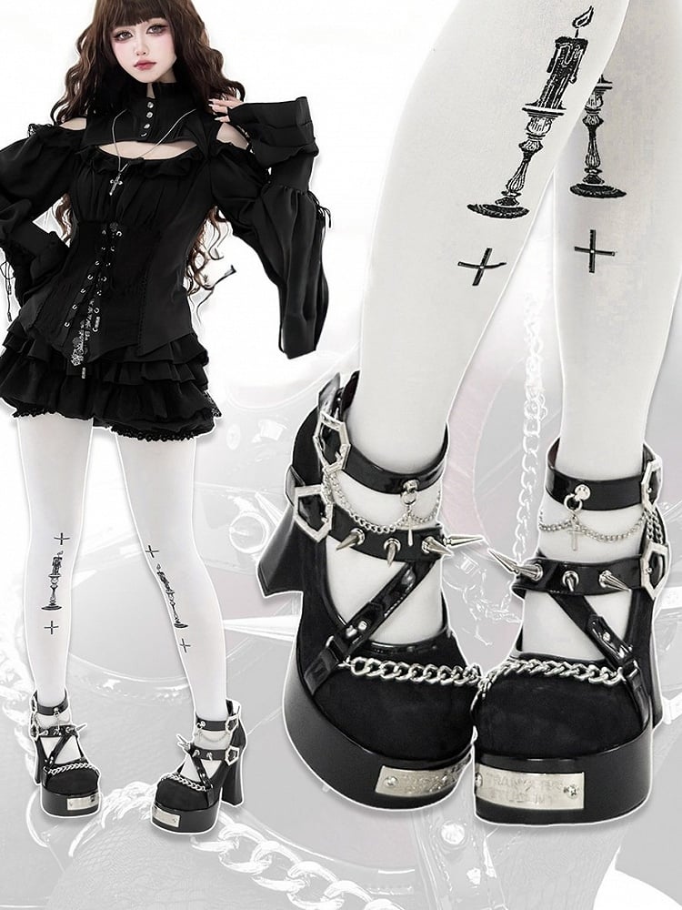 Gothic Black Round Toe 11.5CM High Heels with Spikes & Coffin Buckles - Transfer Student