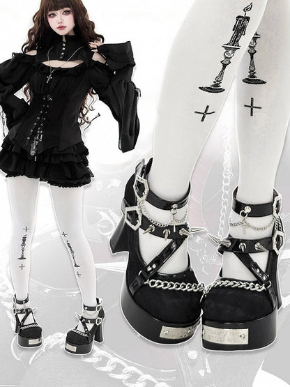 Gothic Black Round Toe 11.5CM High Heels with Spikes & Coffin Buckles - Transfer Student