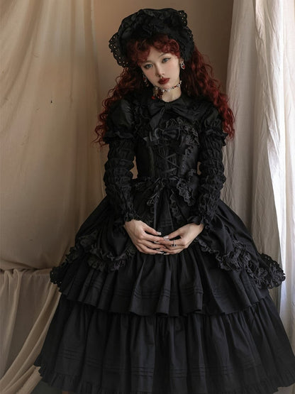 Heart-shaped Lolita Version Bowknots Black Dress and with Long JSK Ruffled Gothic Decoration