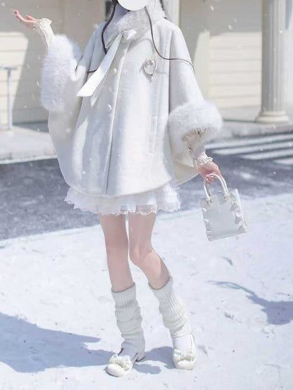 Collar Wool with Jirai Coat Fur Polished Detachable White Kei Cape Pure