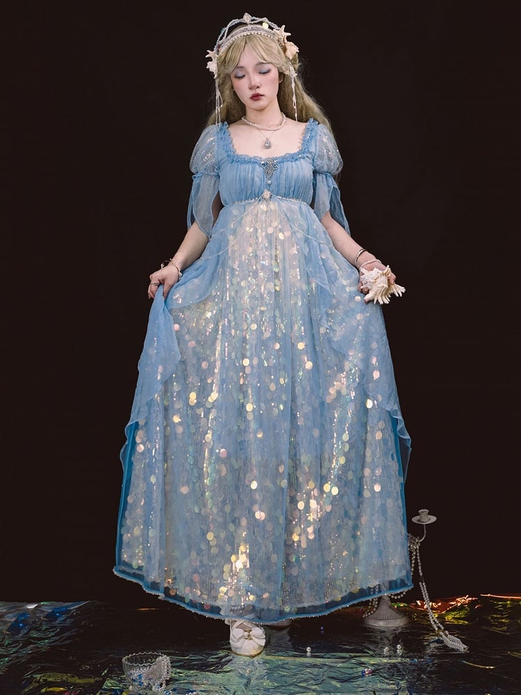 Mermaid-Inspired Sequined Sparkling Dress Empire Blue Waist Lolita