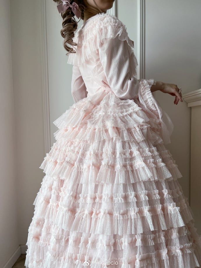 Multi-layered Set Blouse + Belt - Mesh Elegant Bell Sleeves Waist Skirt Lolita Cotton Vest Pink Classic Tulle Dotted