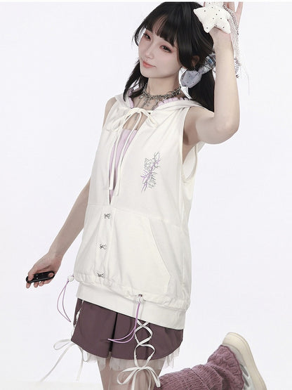 Chic White Sleeveless Hoodie with Purple Tube Top Set