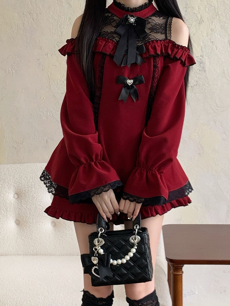 ヘムジライケイ ブラックセット ショートパンツ ミニネックライン カットアウトショルダー イリュージョンスカート ドレス レッド フリル