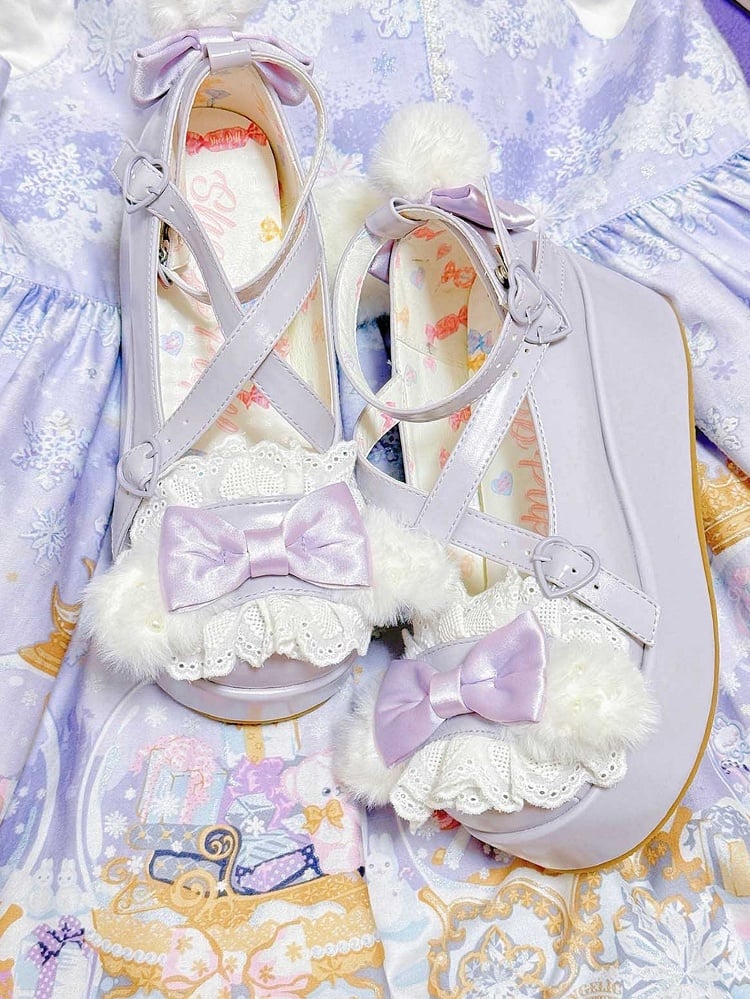 Pompon Ear With Plush Design Bow Crisscross Bunny Top Purple Decorated Platforms at