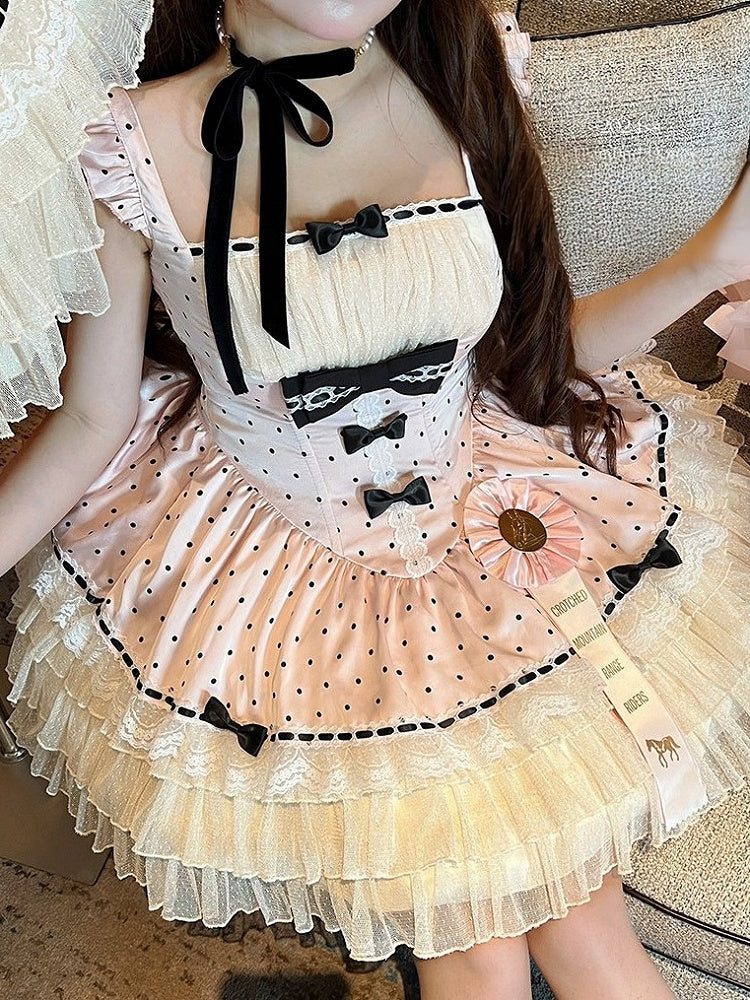 Pink Layered Ruffle Lolita Jumper Dress with Bow and Polka Dots - Diamond Honey