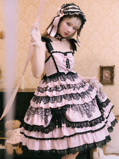 Black and Pink High-Waisted Tiered Ruffle Hem Jumper Skirt - Mademoiselle Pearl