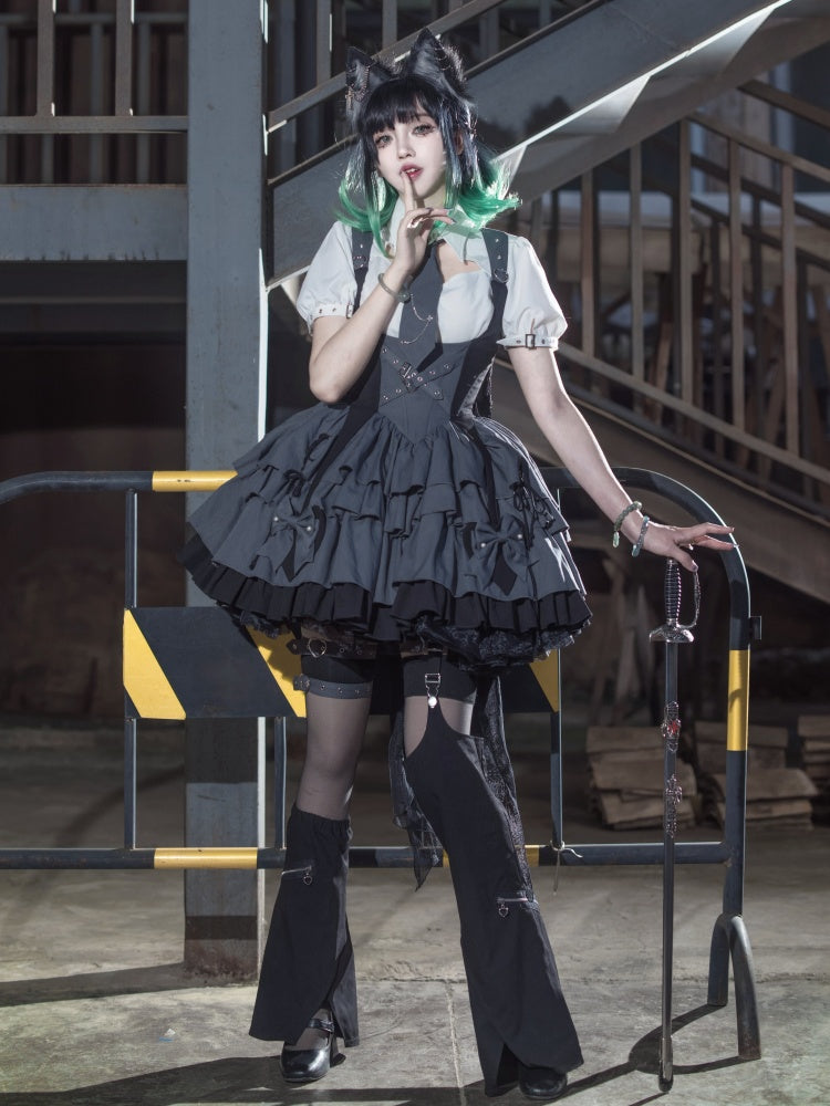 Gray and Black Under Bust Techwear Buckle Strap Lolita Dress