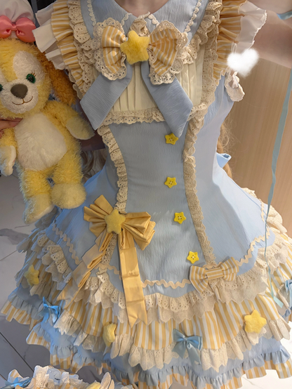 JSK doux jaune et bleu avec des détails d'étoiles en nœuds