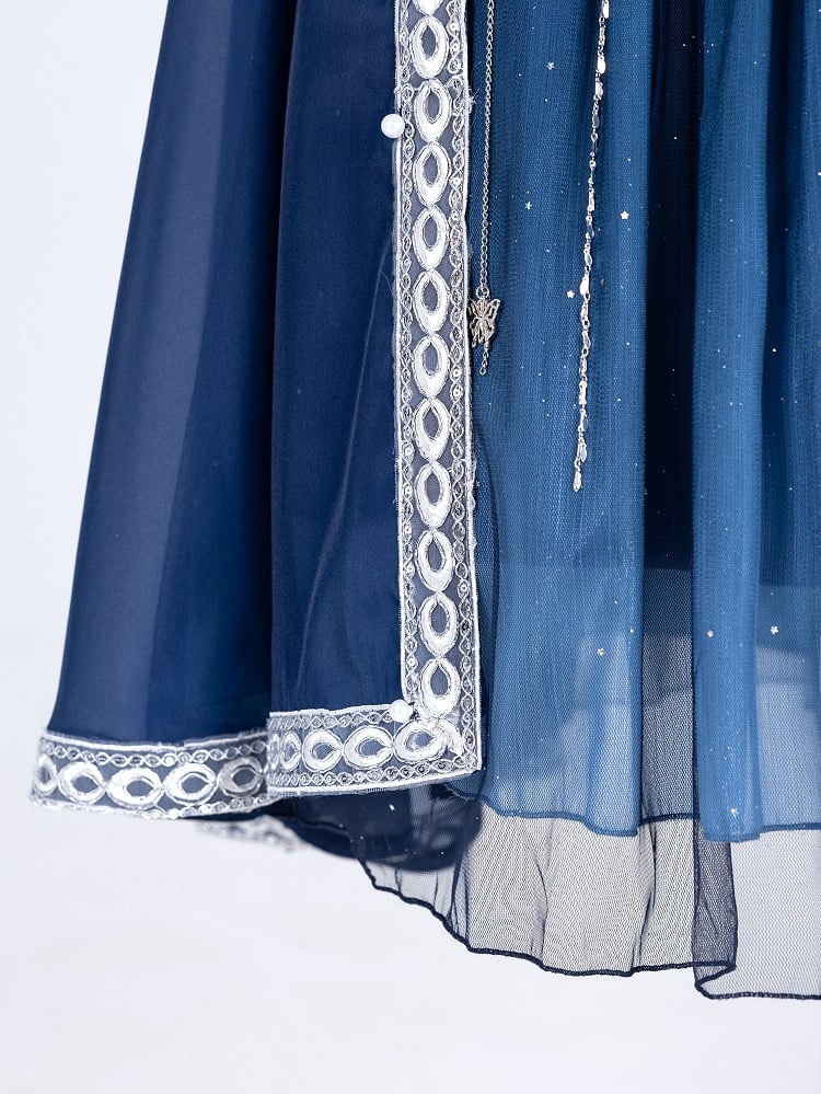 Long Night Dreamy Embroidery Chains Starry Set Blue Cloak with Butterfly + Dress Dark