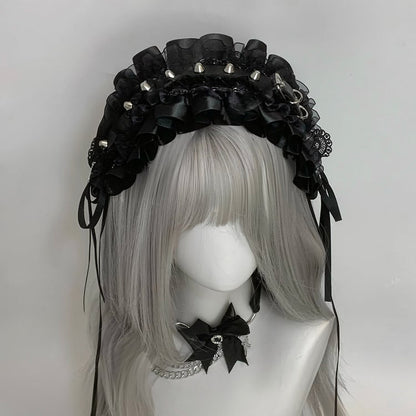 ジライケイ ブラック/ホワイト フリル レース クロス スタッズ ヘアバンド