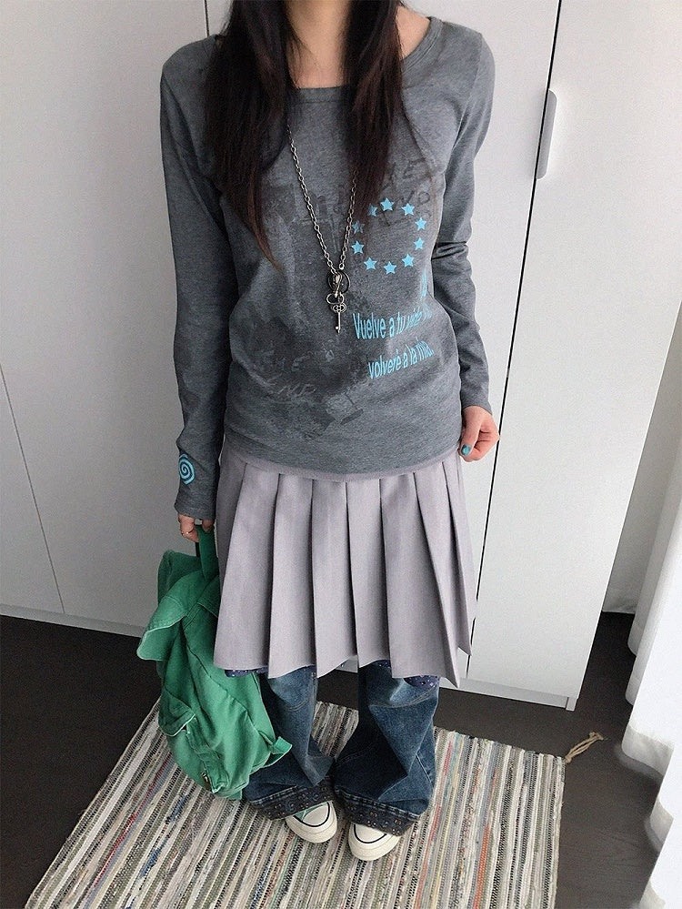 Y2K Gray Wide-Neck Long-Sleeved Fitted Tee with Distressed Graphic - innomoood