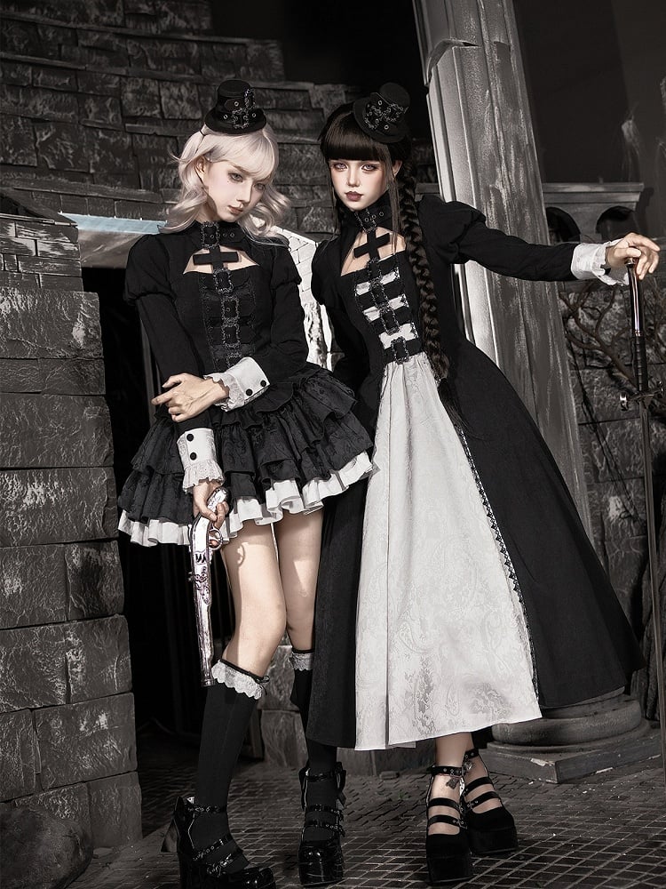 Black and White Gothic Long Lolita OP Gown with Metal Buckle and Mini Hat Set - With PUJI