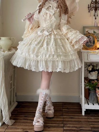 White Hanayome Lace Apricot Dress Lolita Jumper Decorated Skirt Trims Bows