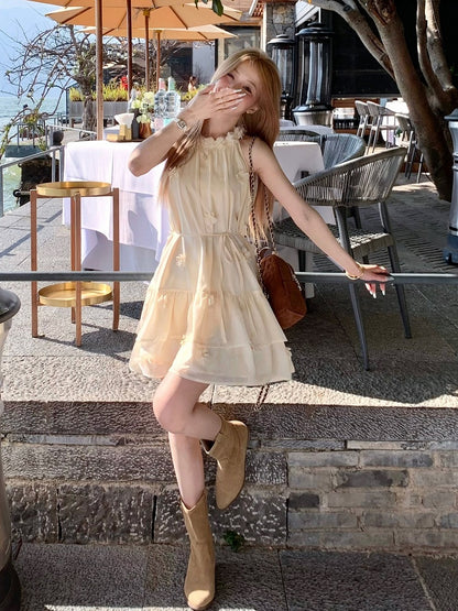 Milk Yellow Halter Dress with Floral Accents - Qchiwawameme