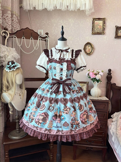 Lolita Dress Sleeves Vintage Teddy Bear Print Sweet  Flutter Mint Green JSK