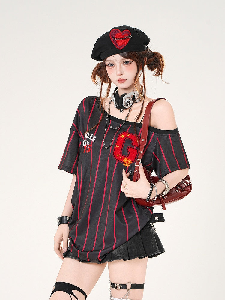 Asymmetrical Neckline Blokette Core White/Black Striped T-shirt