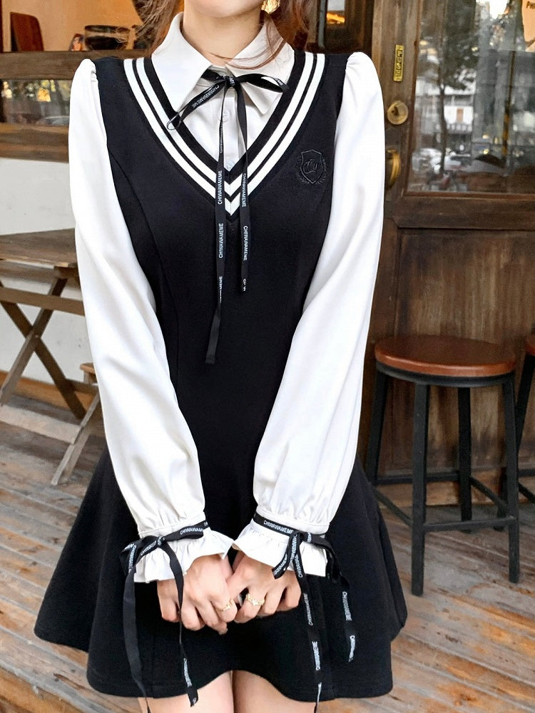 Black Fake Two Piece Polo Collar Dress with Bow - Qchiwawameme