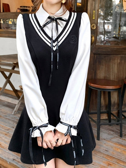 Black Fake Two Piece Polo Collar Dress with Bow - Qchiwawameme