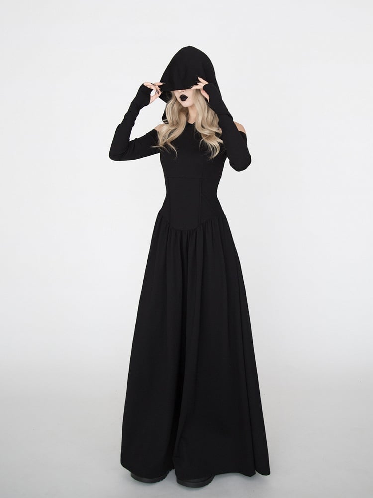 Kapuzen-Hexen-Punk-Kleid im Wasteland-Look für schwarzen Halloween-Gothic-Schulterausschnitt