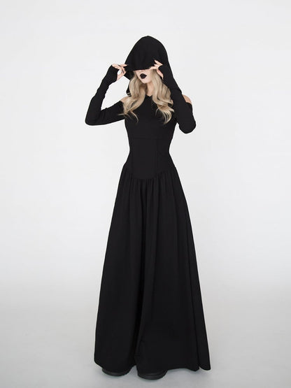 Hooded Witchy Punk Dress a Look Wasteland for Black Halloween Gothic Shoulder Cutout