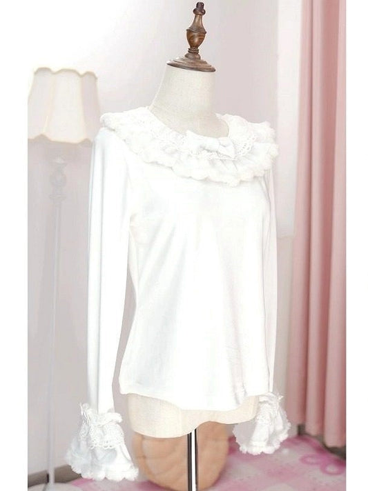 White Cuffs Top Details Lolita Bow and Plush with Long-Sleeve