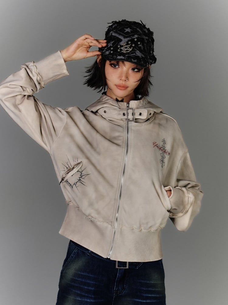 Strap Apricot Distressed Zip Closure Hoodie Wasteland Buckle Punk