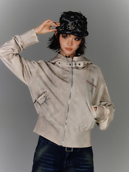 Strap Apricot Distressed Zip Closure Hoodie Wasteland Buckle Punk
