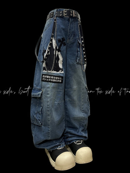デコレーションカットジーンズ カーゴ Y2K レターポケット ブルー ワイドレッグ アップリケ