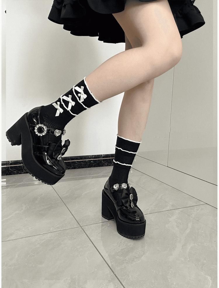 Accents Ruffles Socks / with Pink Triple Layered Mid-Calf Black Bow White