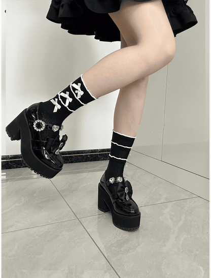 Accents Ruffles Socks / with Pink Triple Layered Mid-Calf Black Bow White