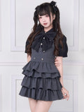 Accents with Brooch Blouse Short Jirai Black Bow Sleeve and Lace Kei Top