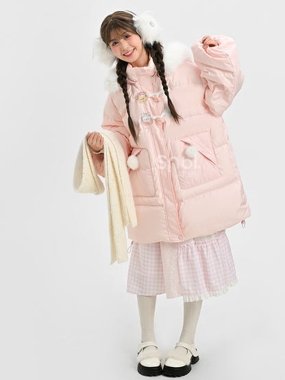 Rosa Daunenmantel mit Kapuze und Plüschbesatz mit süßem Bären und Kätzchen