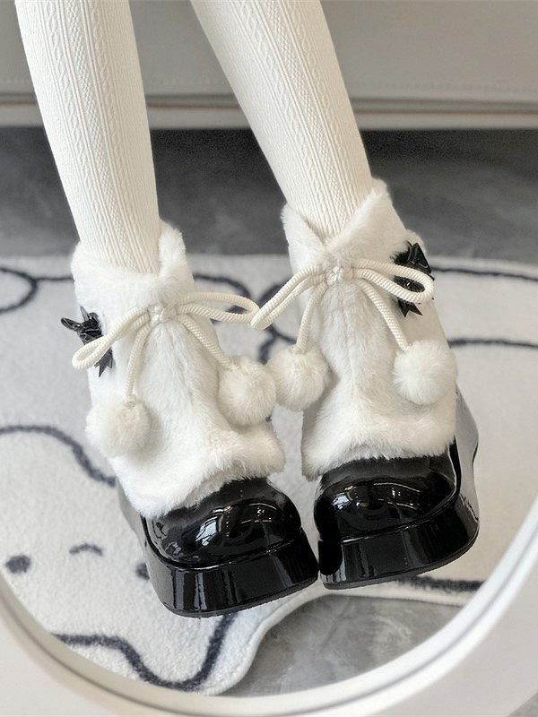 with Bow Pom-Pom Accents Ankle Black Sweet Lolita Boots Round-Toe and