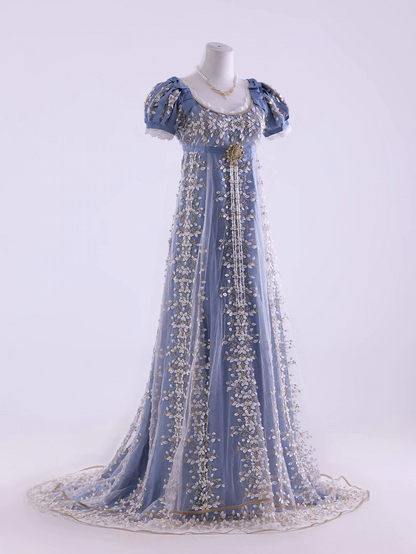 Blaues, elegantes Lolita-Maxikleid mit Empire-Taille und Blumenmuster, bodenlange Version