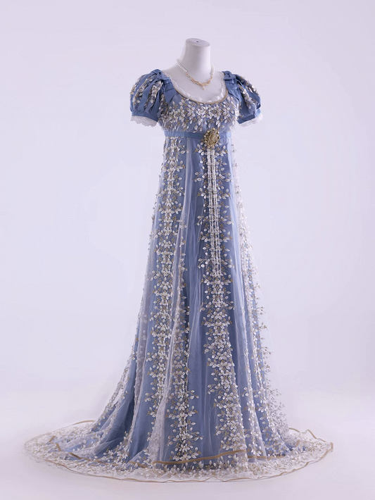 ブルーエンパイアウエストフローラルエレガントロリータマキシドレスフロアレングスバージョン