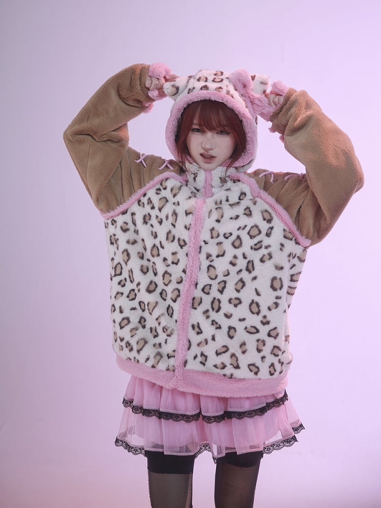 Braune und rosafarbene Plüschjacke mit Kapuze und Kätzchenohren im Leopardenmuster