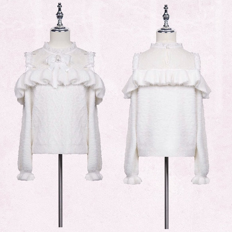 フリルトリム ホワイト ジライカイ コントラスト レースパッチ セーター カットアウト ショルダー ボウノット