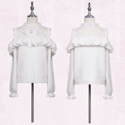 フリルトリム ホワイト ジライカイ コントラスト レースパッチ セーター カットアウト ショルダー ボウノット