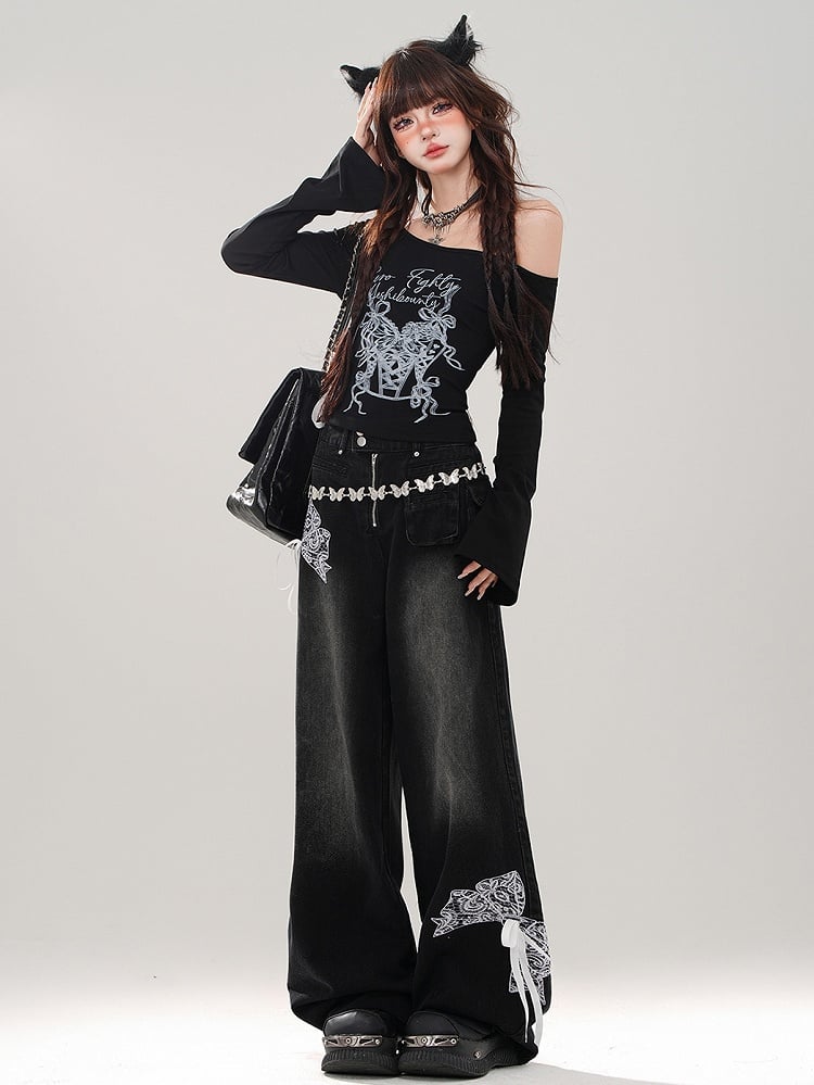 Black Asymmetrical Neckline Graphic Top Lace-up Detail at Waist