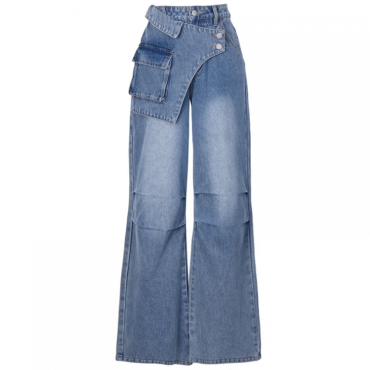 Wide-Leg Jeans Taillendesign Blau Asymmetrisch