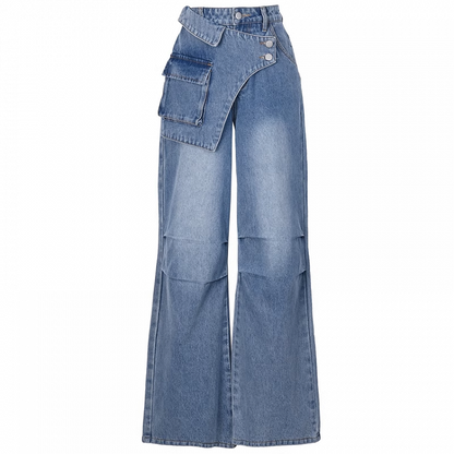 Wide-Leg Jeans Taillendesign Blau Asymmetrisch