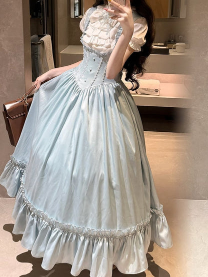 Light Blue Satin Basque Waist Under Bust Elegant Lolita JSK - Alice in Wonderland Lolita