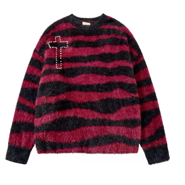 Knit Cross Black Sweater Striped Punk Pattern Red With Light