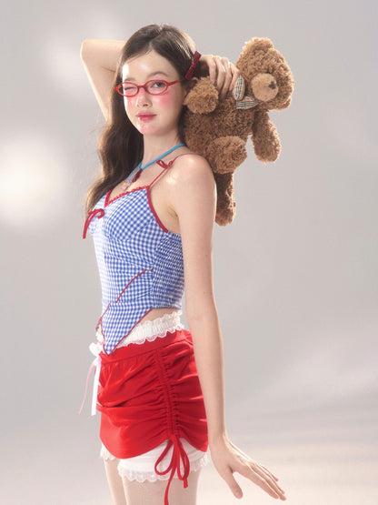 Dunkelblaues Cami-Top mit asymmetrischem Saum und Karomuster